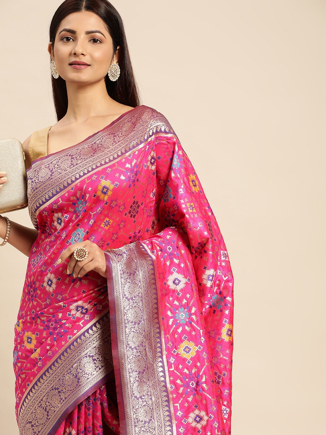 Pink color banarasi weaving patola saree with brilliant look