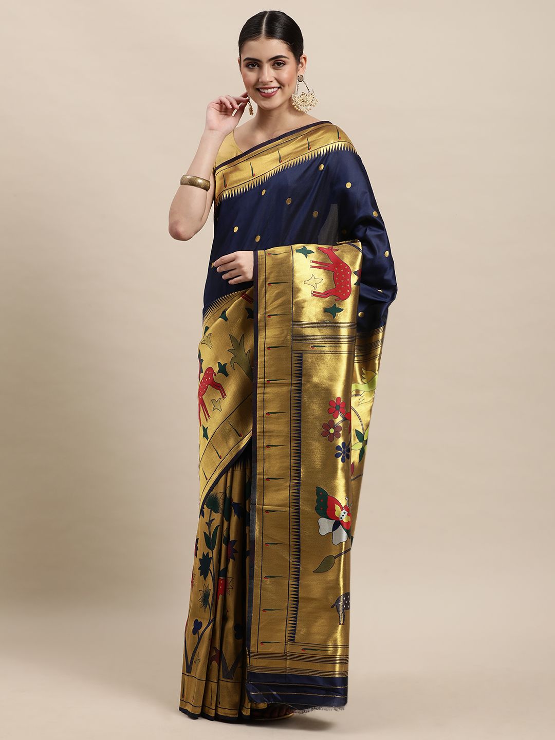 navy blue color paithani saree with all over gardan pallu