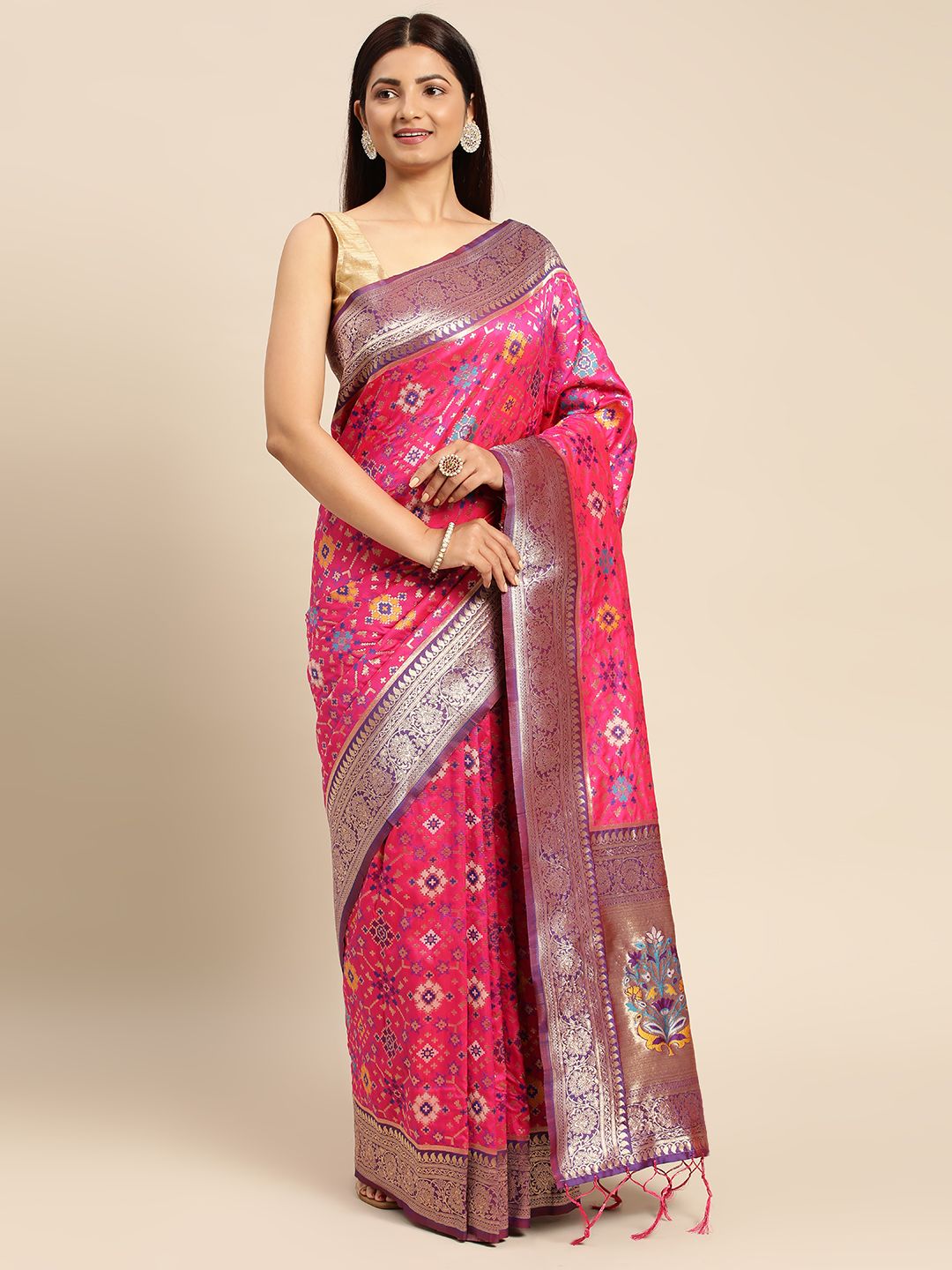 Pink color banarasi weaving patola saree with brilliant look