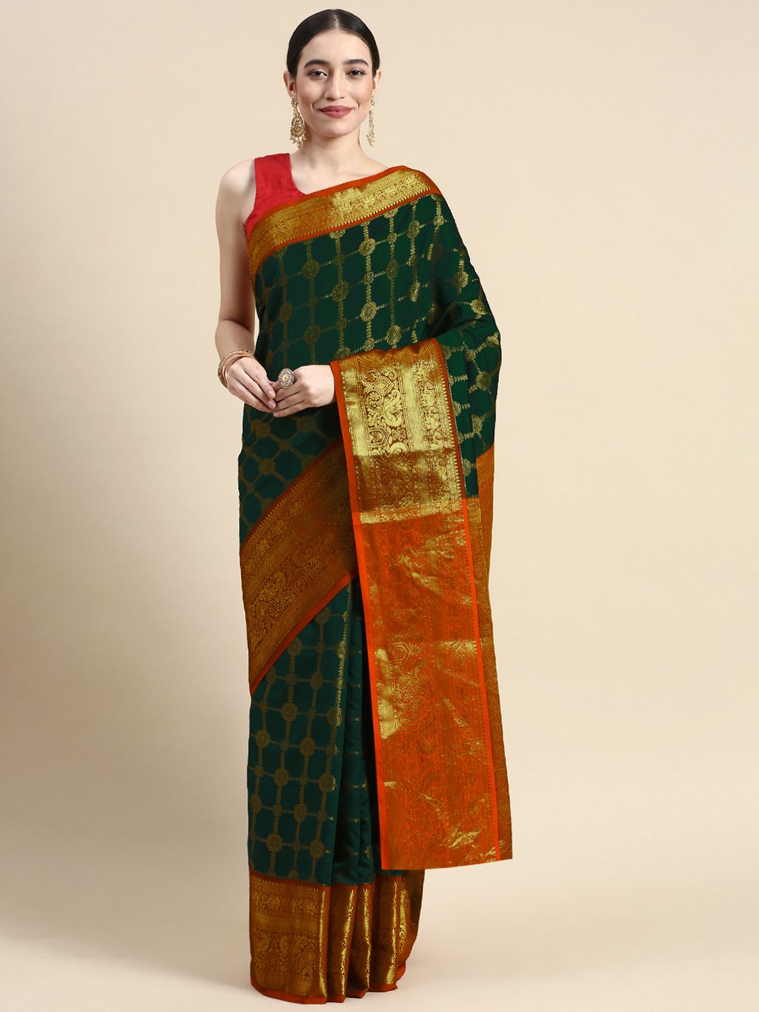 green kanchipuram pure look saree for woman