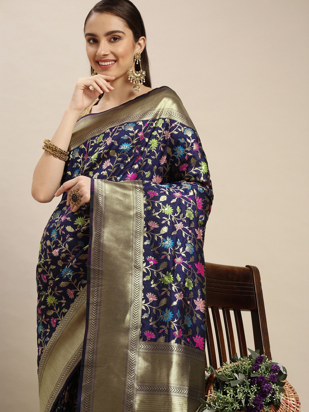 Navy blue Color Bollywood Festival Banarasi Silk Saree and Heavy designer Look Meenakari Saree