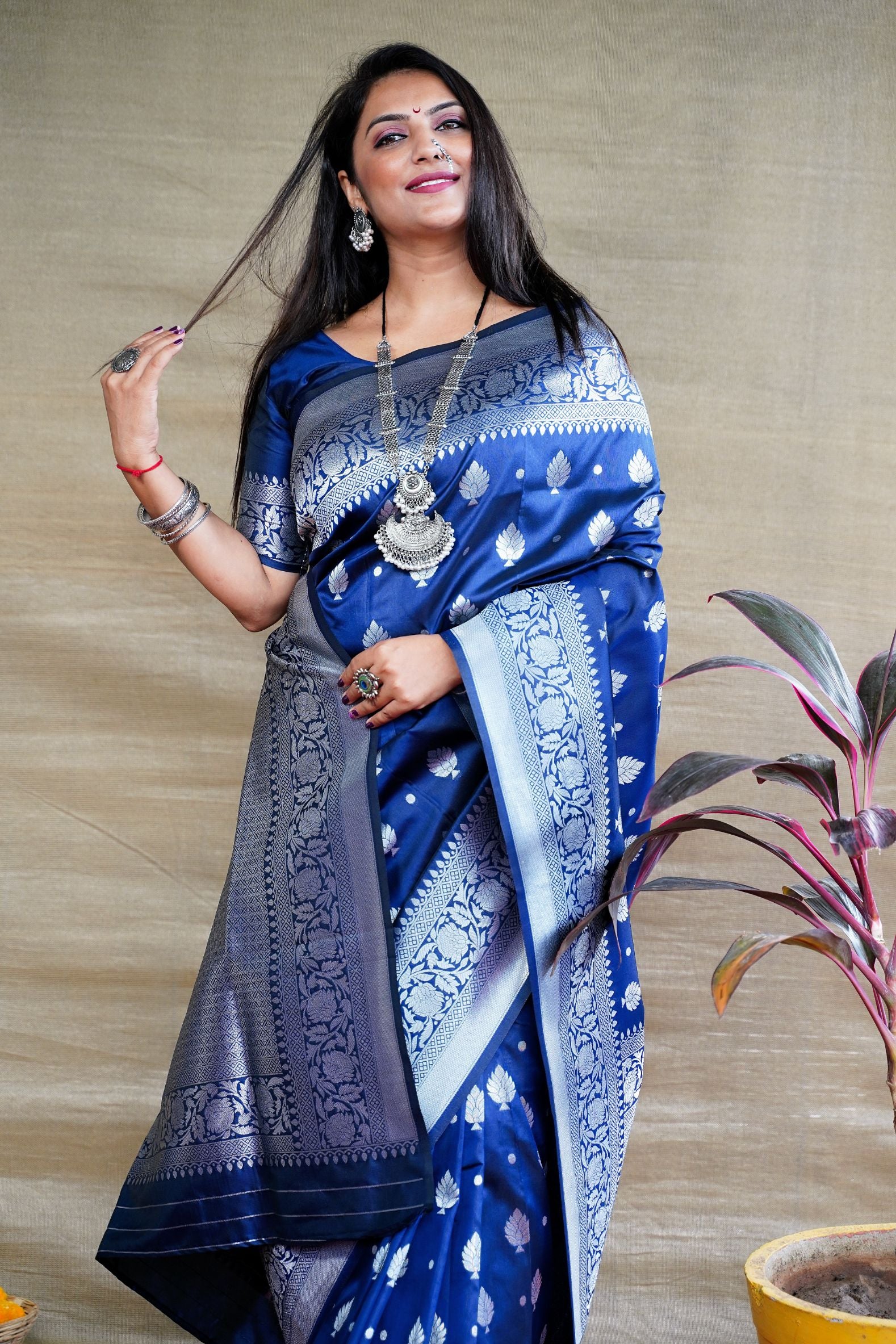 Navy blue Soft Silk Latest Banarasi Saree and Silver Zari Weaving With Blouse