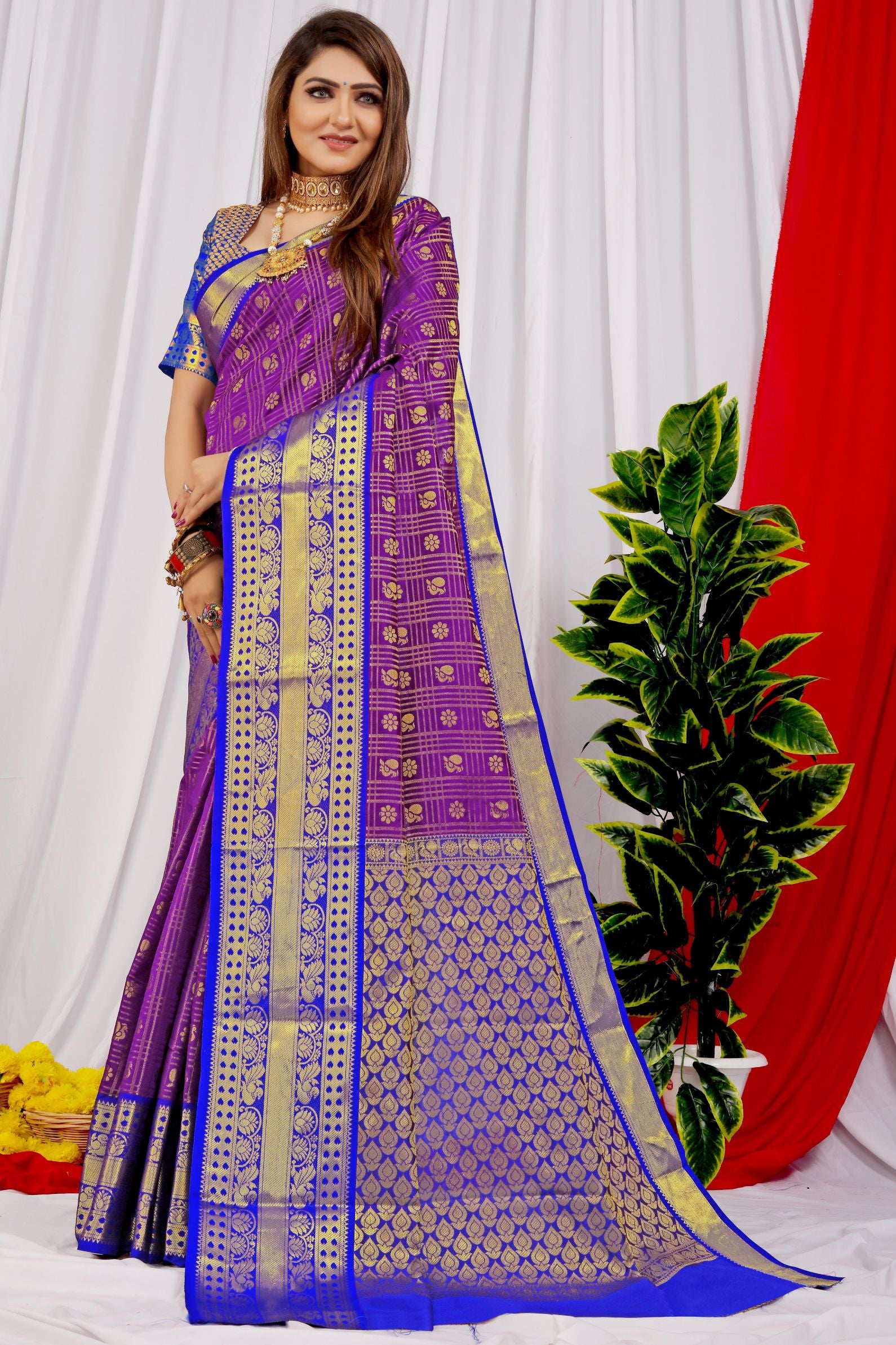 Purple Color Pure Kanchipuram Soft Silk Saree And Contrast Designer Pallu And Blouse