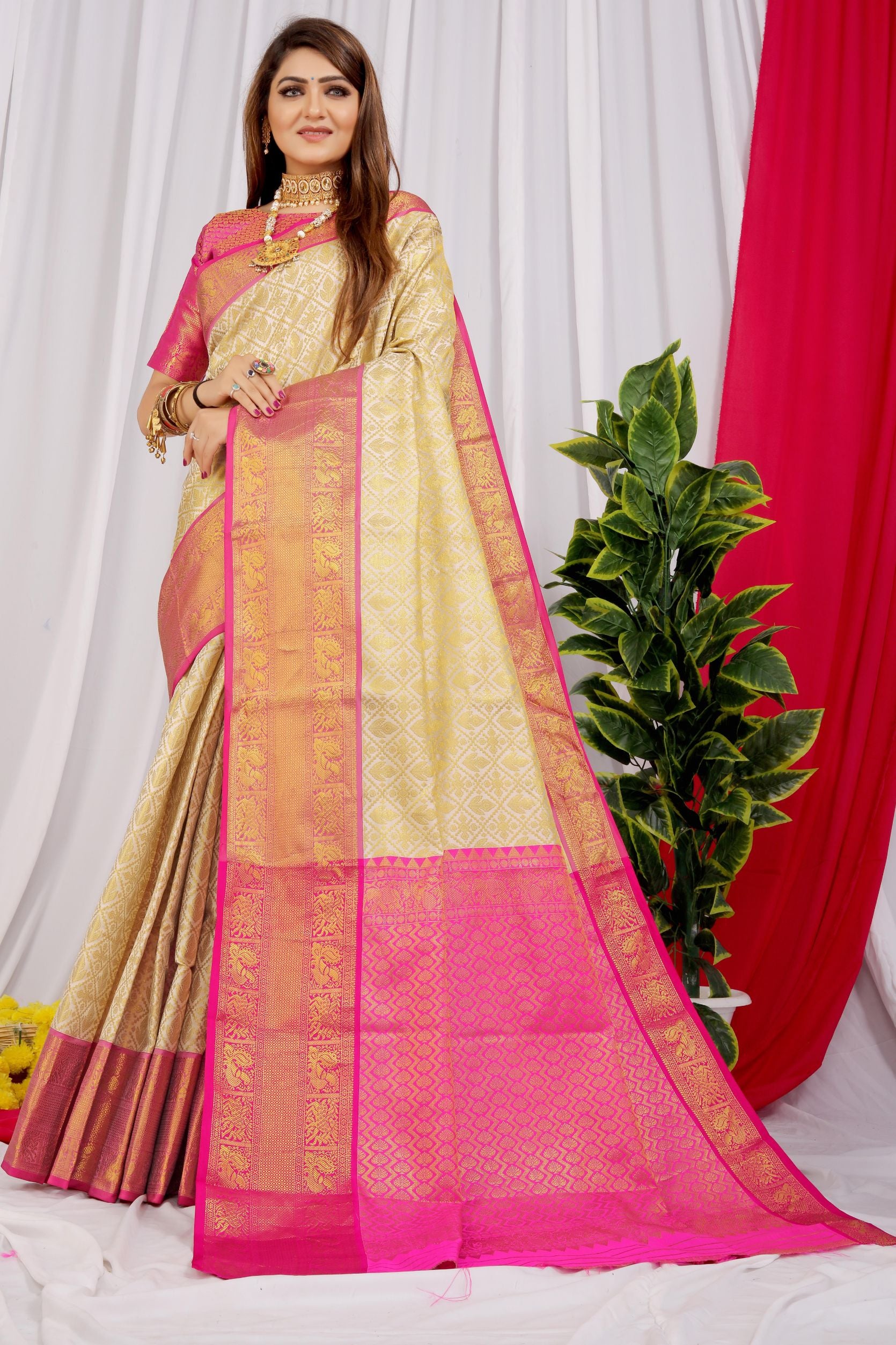 White Toned Soft Kanchipuram Silk Saree And Gold Zari Weaving Work And Blouse Pis
