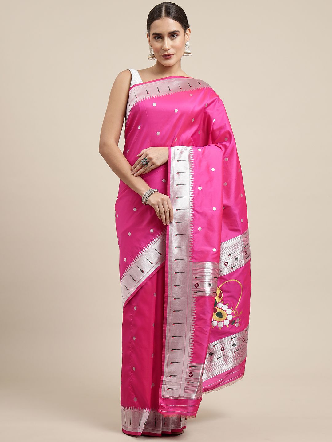Peach and pink hand block printed silk chanderi saree with all-over Go –  Kora India