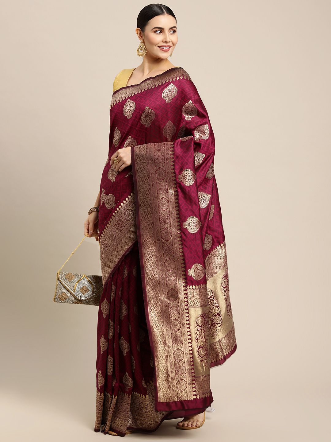 Wine Color Festive Banarasi Silk Emboss Design Saree and Gold Zari Weaving Work