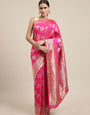 Pink Color Latest Bollywood Collection Banarasi Silk Saree Silver And Gold Toned Zari Weaving Work With Blouse