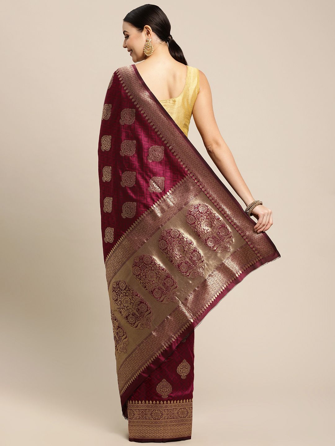 Wine Color Festive Banarasi Silk Emboss Design Saree and Gold Zari Weaving Work