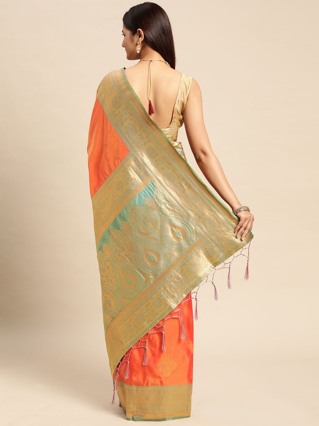 Orenge Color Party wear banarasi silk saree with contrast Border And Pallu.