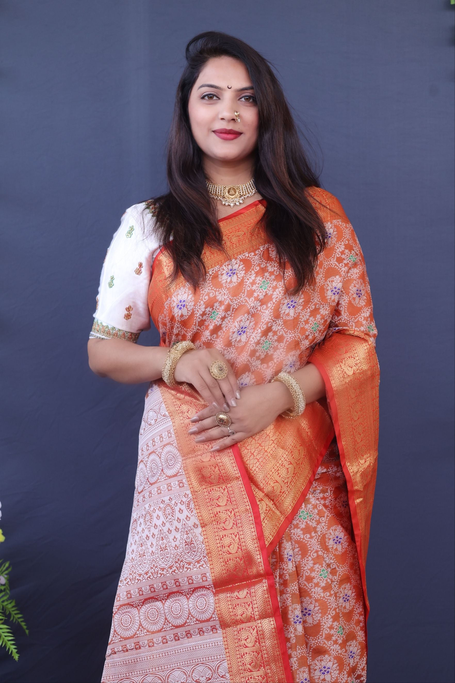 Orange Color Tissue Soft Silk Meenakari Work  Saree -Special Wedding