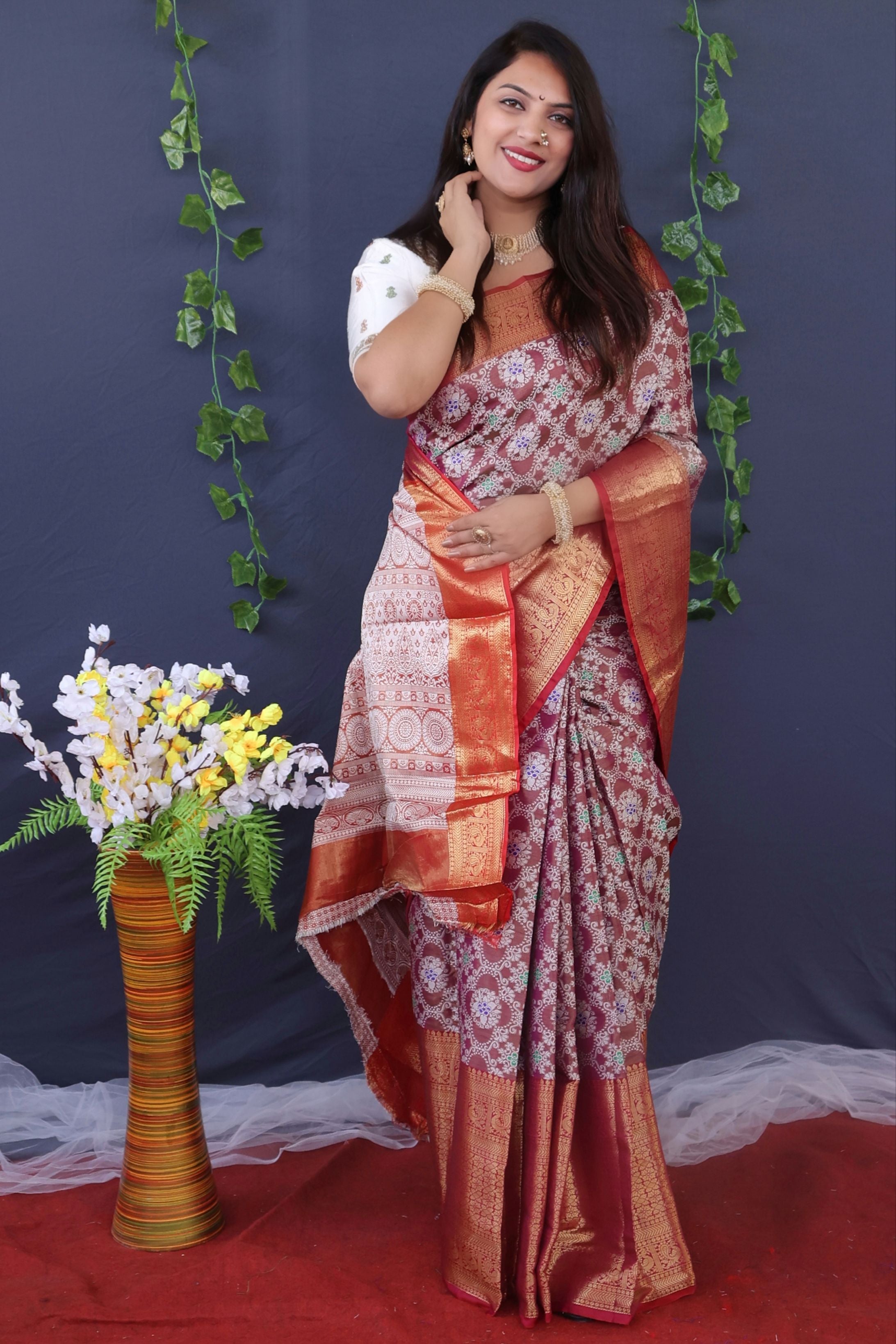 Wiine Color Tissue Soft Silk Meenakari Work  Saree -Special Wedding