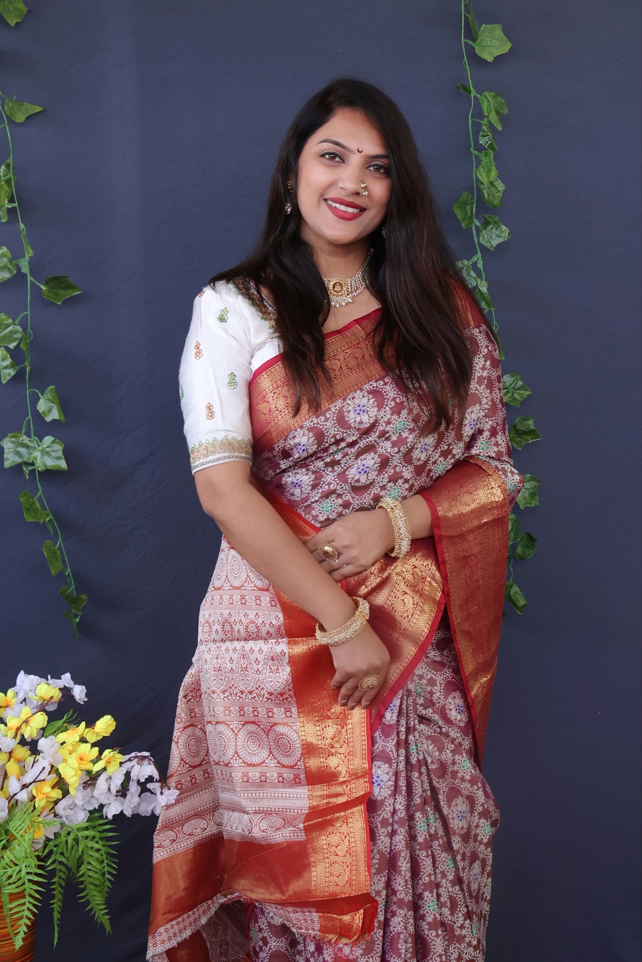 Wiine Color Tissue Soft Silk Meenakari Work  Saree -Special Wedding