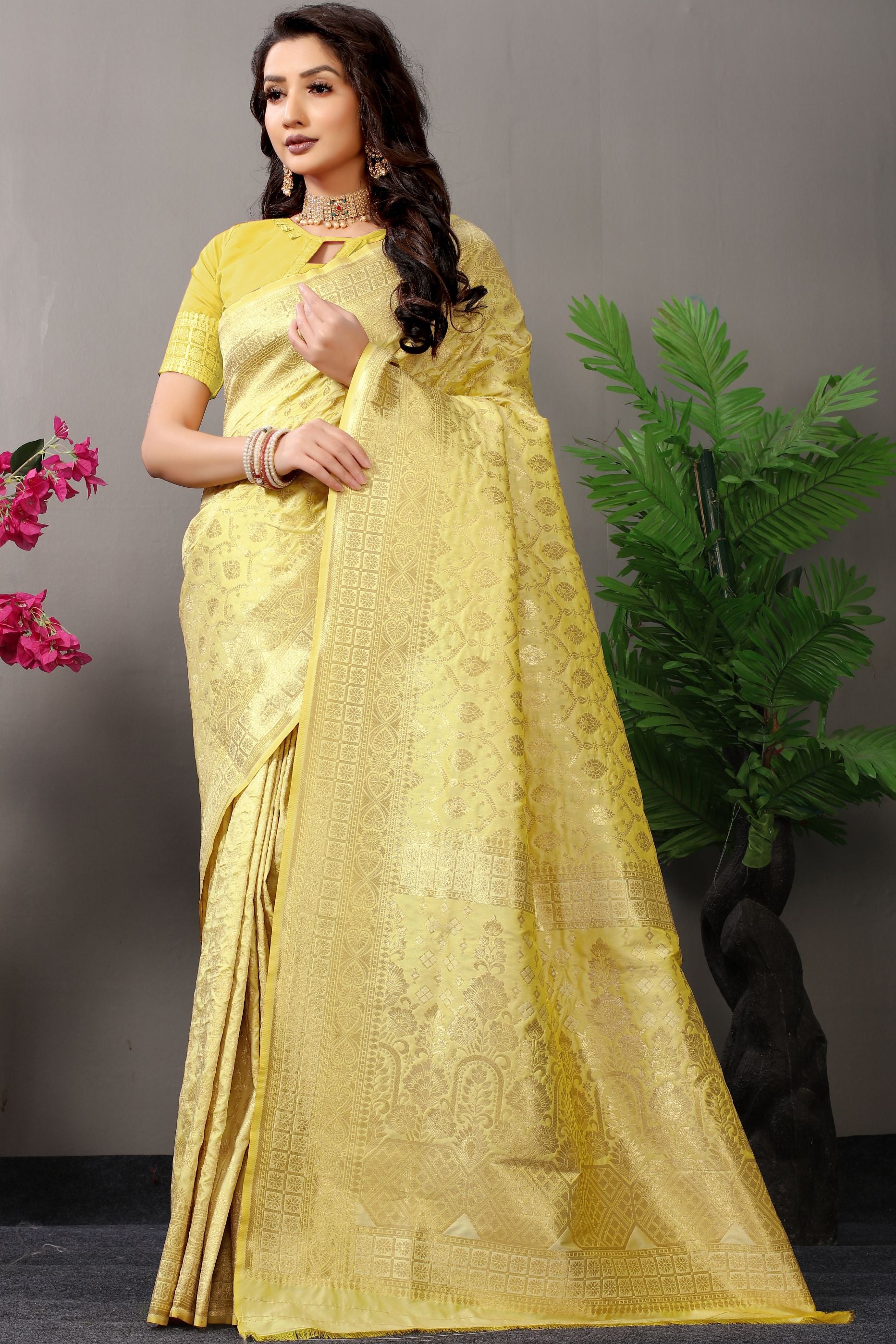 white banarasi silk saree with golden zari weaving work
