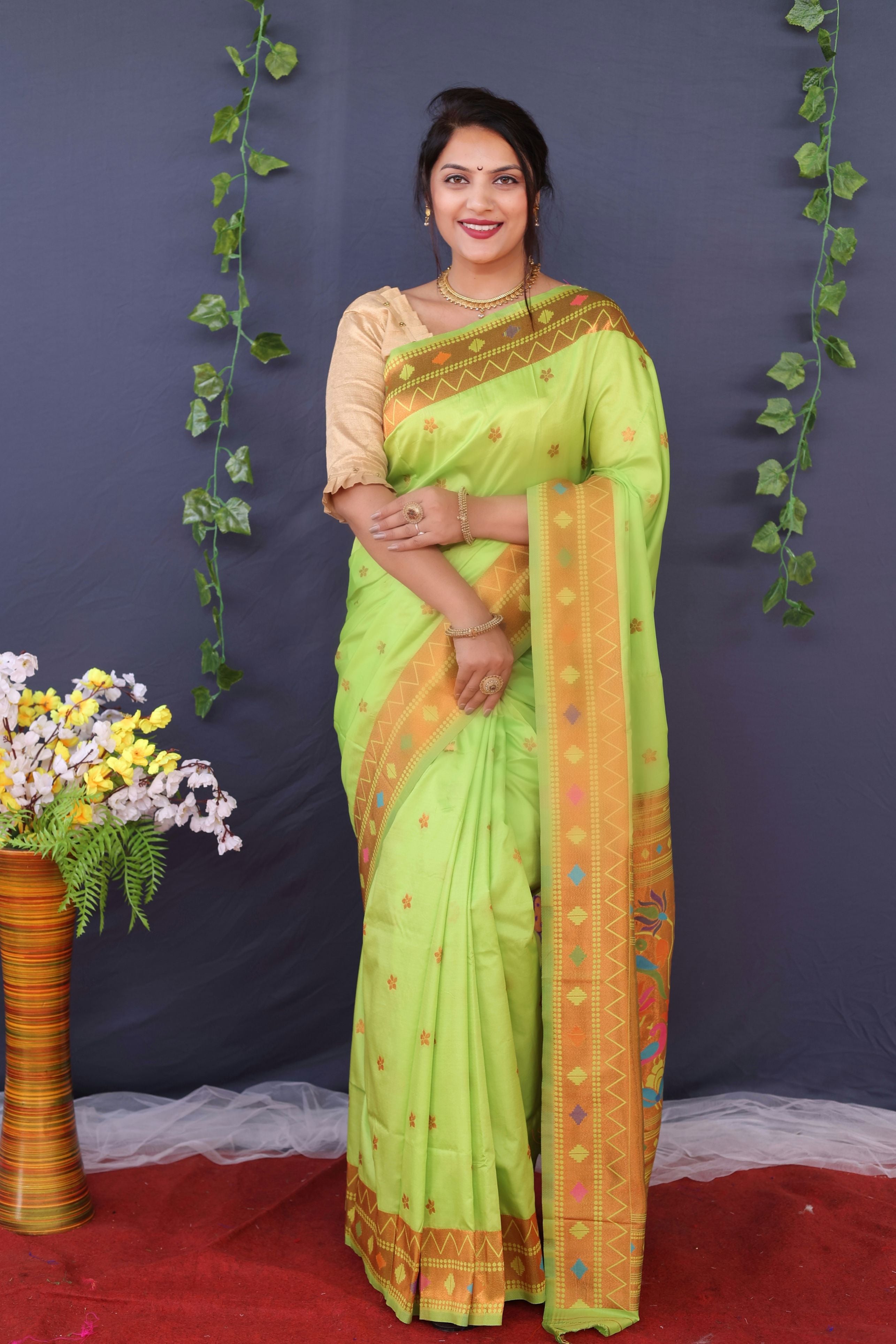 Lemon Green and Copper zari Toned Pure Paithani Silk Saree With Rich Pallu and Blouse