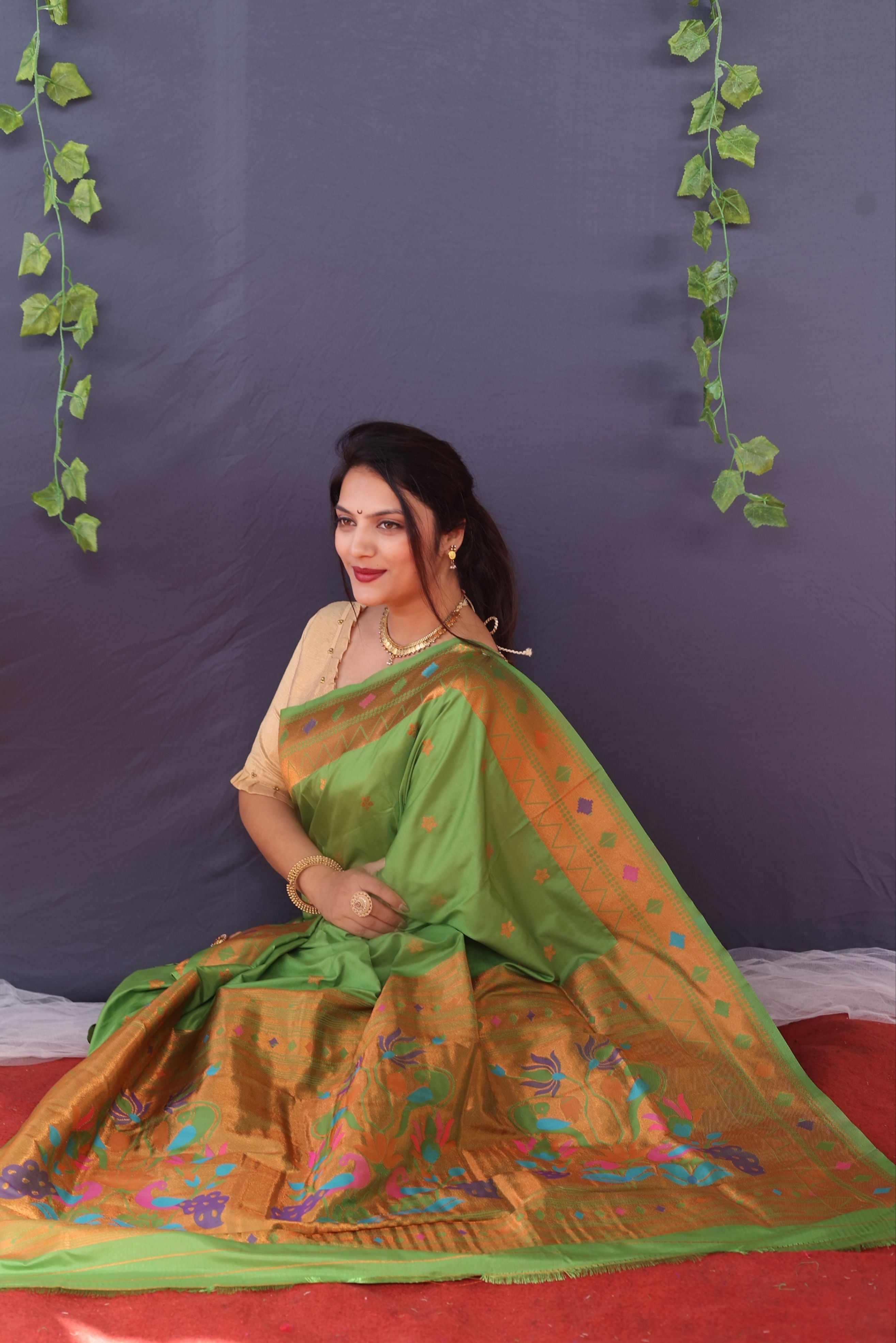 Green and Copper zari Toned Pure Paithani Silk Saree With Rich Pallu and Blouse