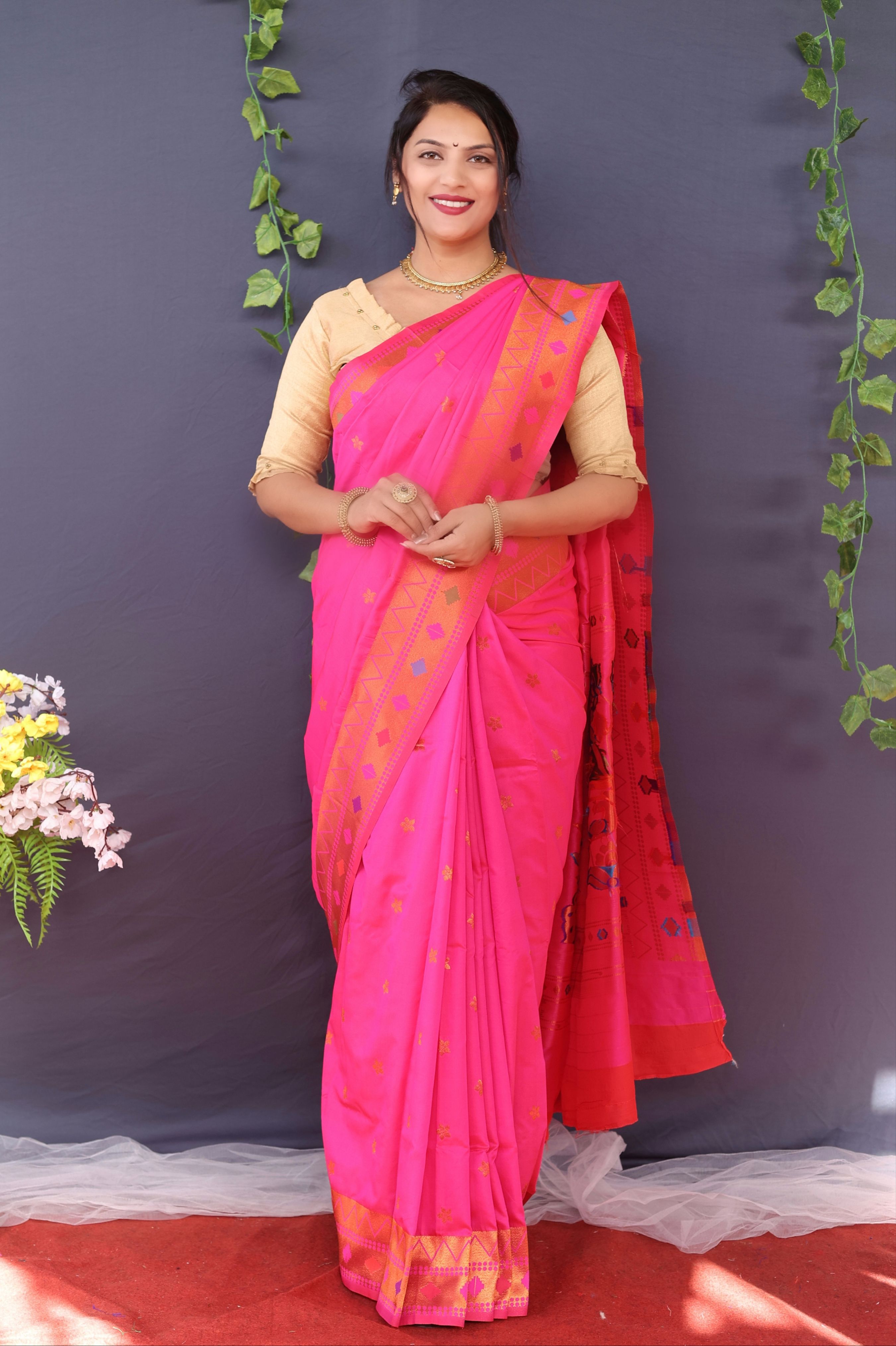 Pink and Copper zari Toned Pure Paithani Silk Saree With Rich Pallu and Blouse