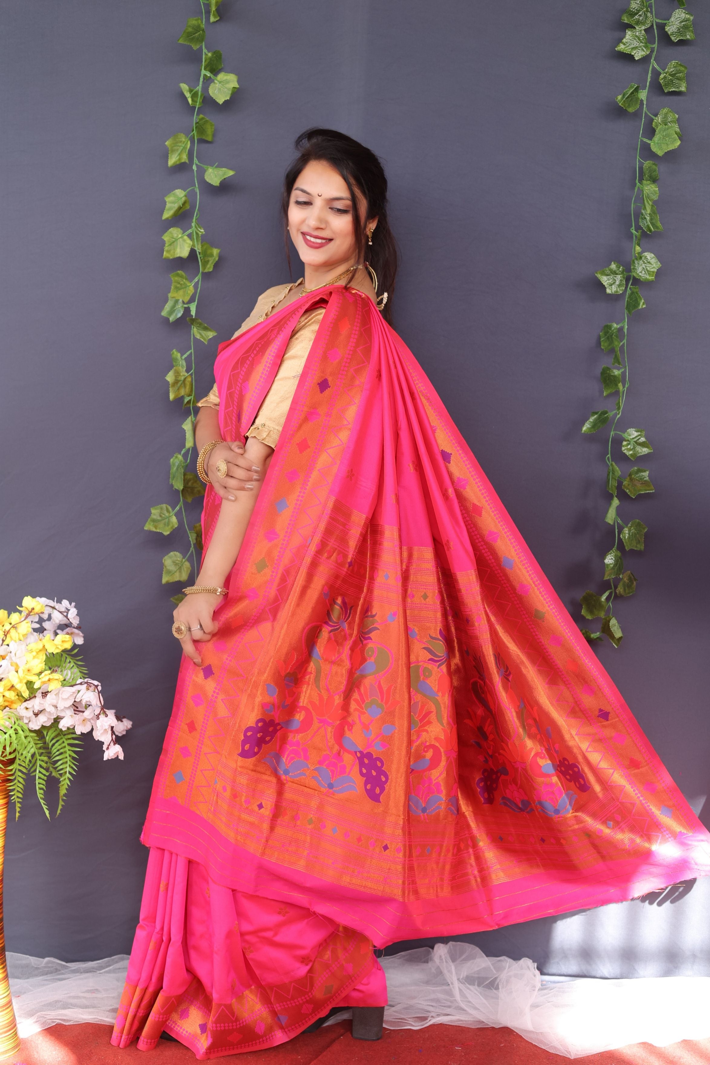 Pink and Copper zari Toned Pure Paithani Silk Saree With Rich Pallu and Blouse