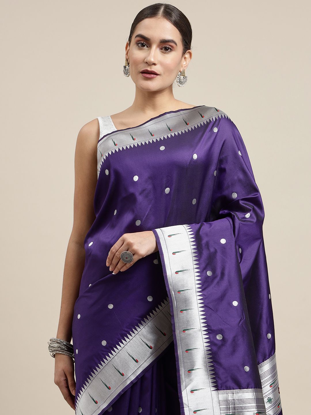 Purple Color Pure silk Paithani saree silver zari weaving work With Muniya Bodar And Gorgeous Nath Pallu & Blouse