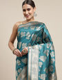 Steel Rama Color Latest Bollywood Collection Banarasi Silk Saree Silver And Gold Toned Zari Weaving Work With Blouse
