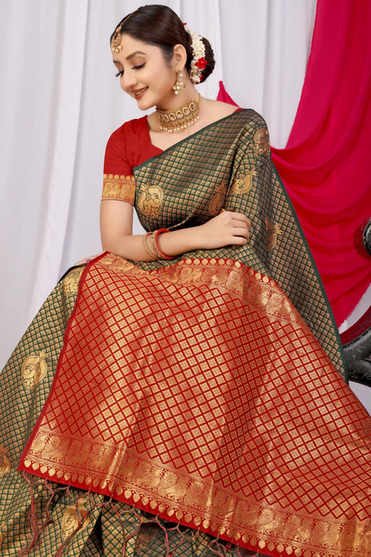 Green Toned Ethnic Motif New Look Woven Design Zari Kanjeevaram Saree