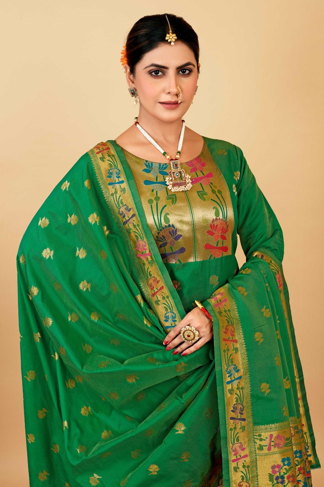 Green Color Daily Wear dress material for suits in Paithani Style