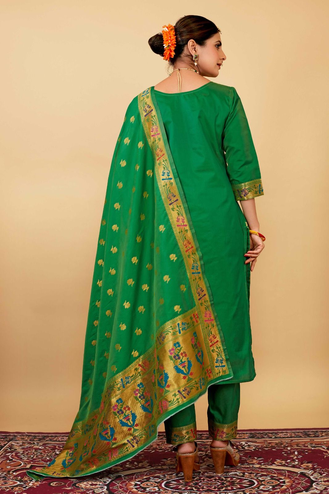 Green Color Daily Wear dress material for suits in Paithani Style