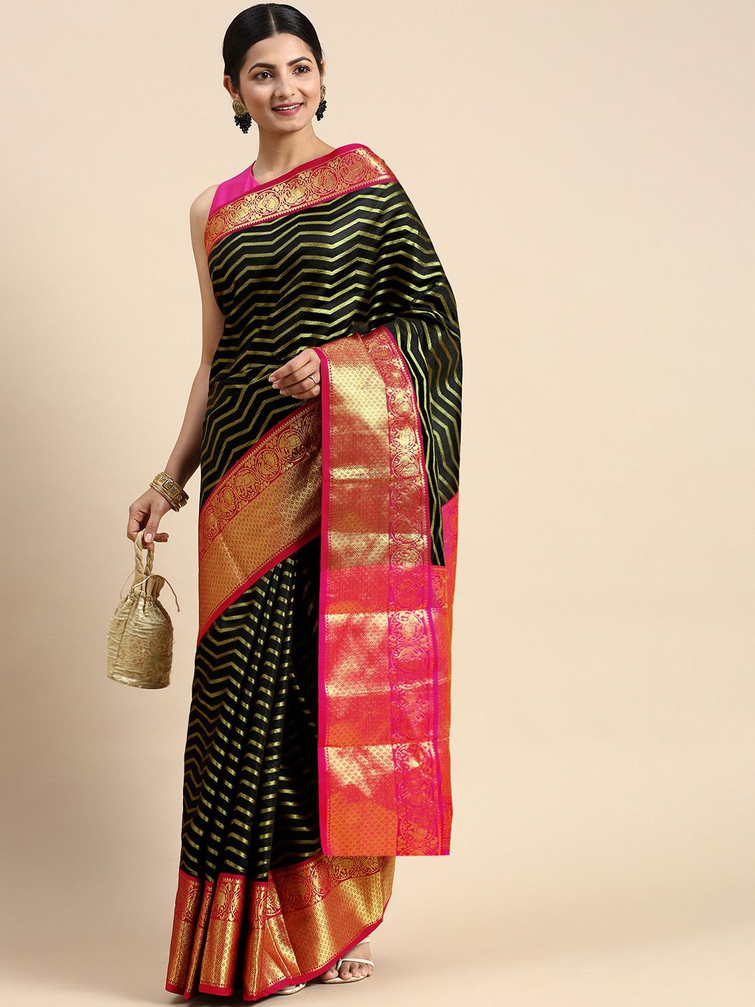 Black Color Handloom Kanchipuram Silk Saree With Contrast Border and Pallu