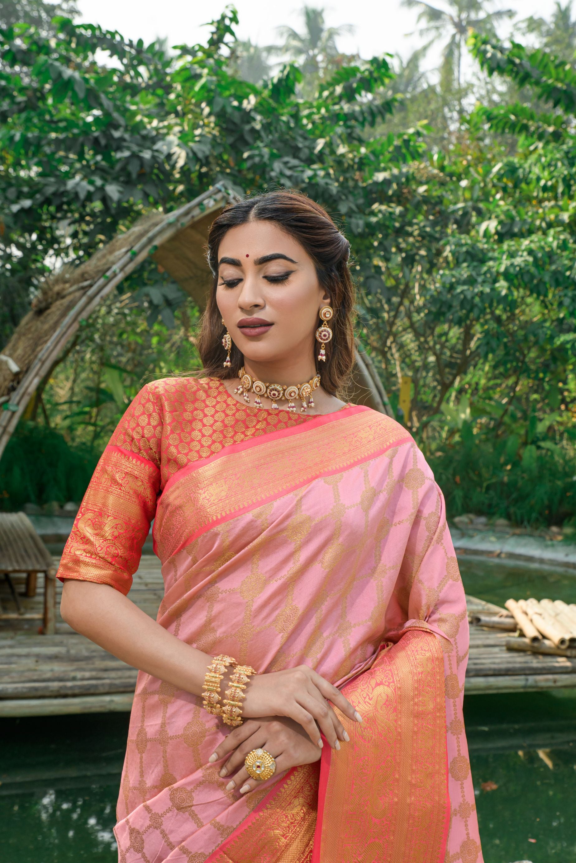 Peach Toned Kanchipuram Soft Silk Saree and Gold Zari Weaving Work And Rich Pallu
