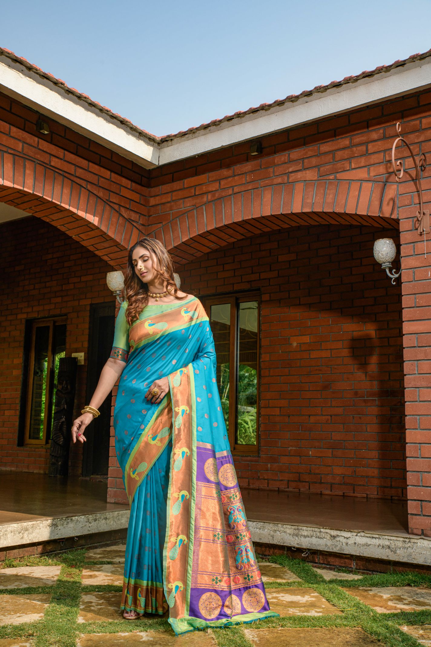 Firozi Toned Embellished Paithani Silk Sarees