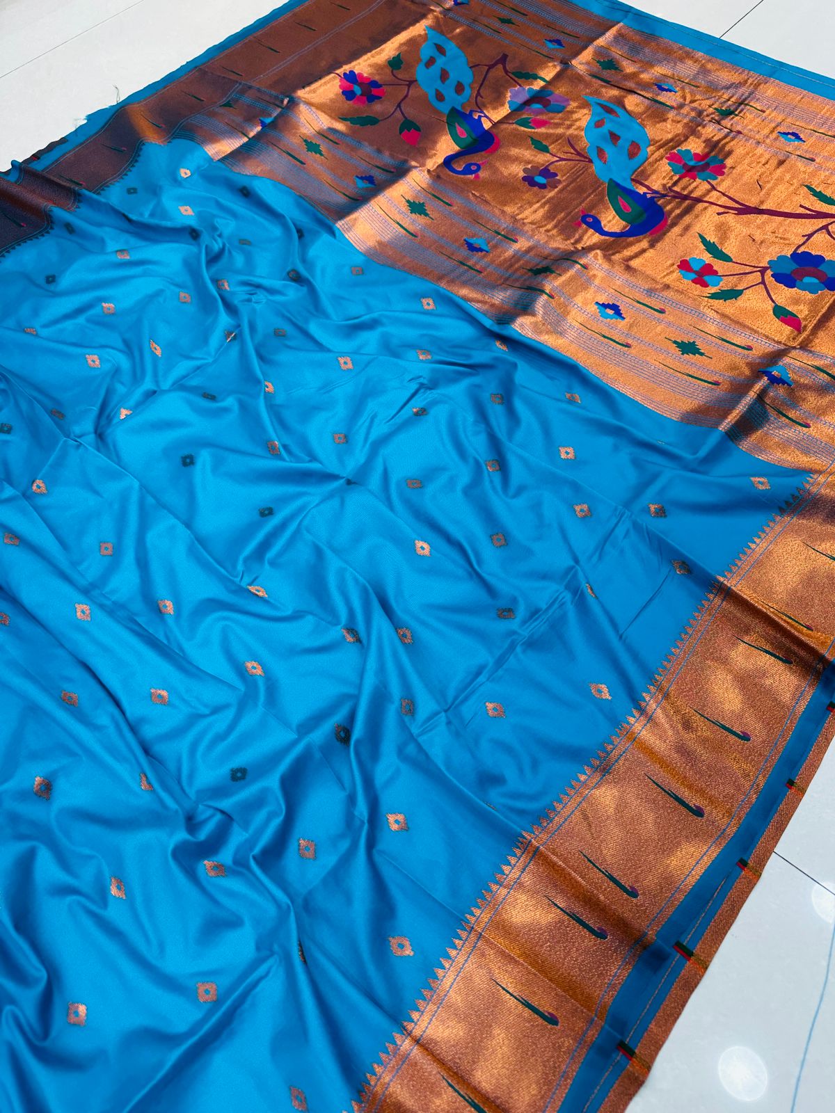 Firozi Color Pure Paithani Silk Saree With Meenakari Weaving Work and Pallu