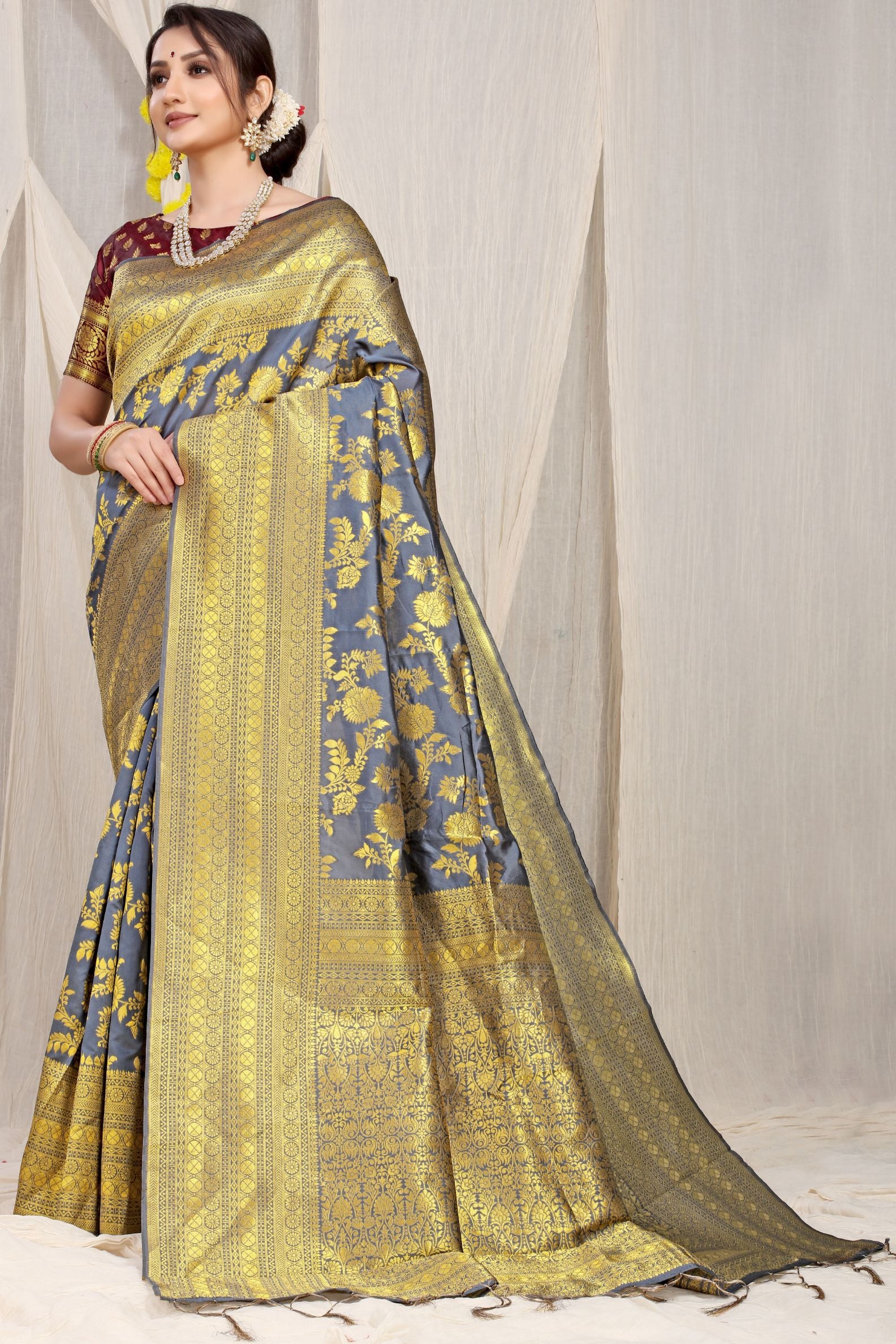 Grey Color Banarasi Silk Sarees Buy Online