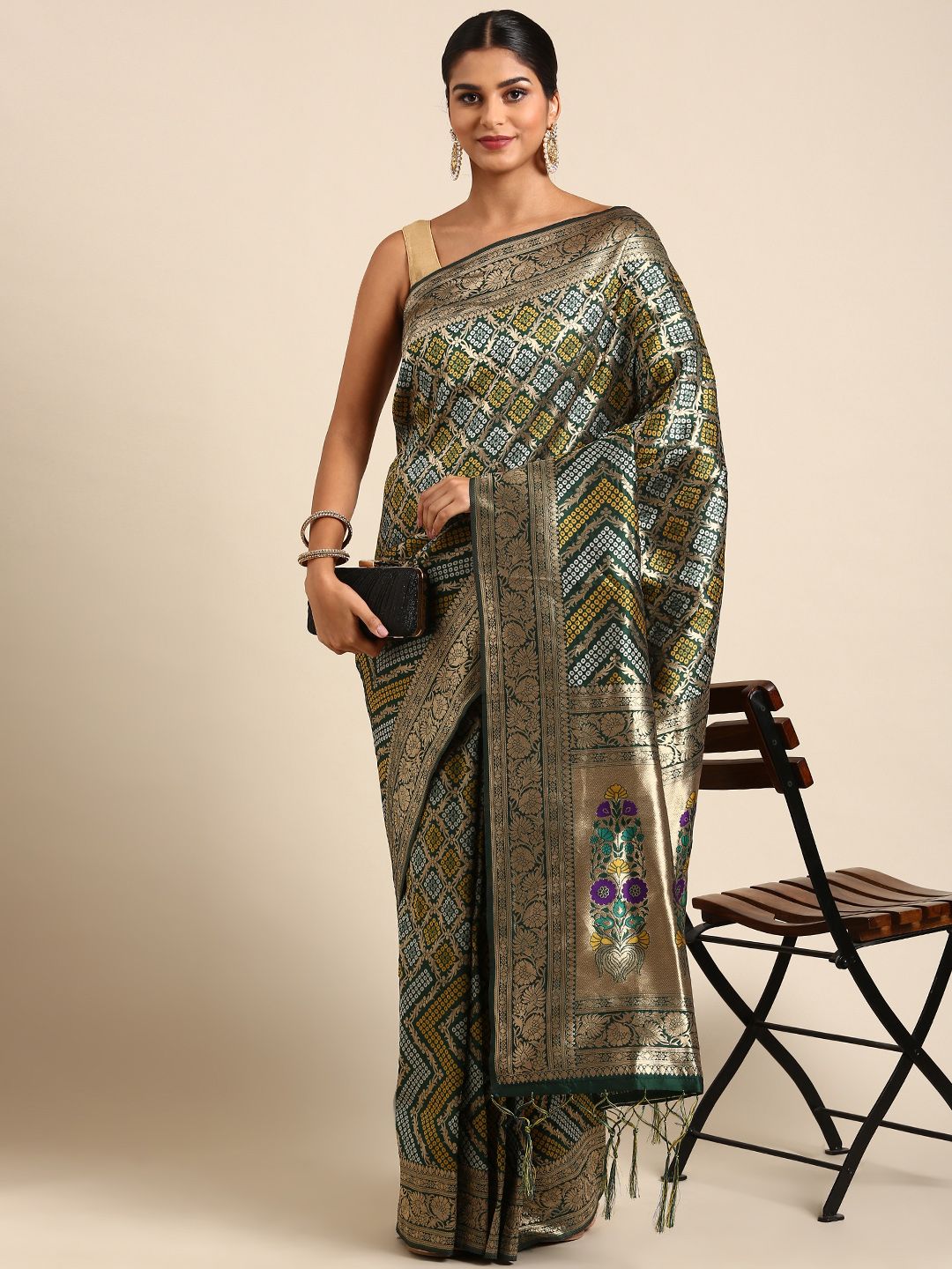 Green Toned Pure Bandhani Silk Saree With Meenakri Work and Designer Pallu and Blouse