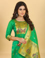 Green Color silk suits dress material in zari weaving work suits in Paithani Style