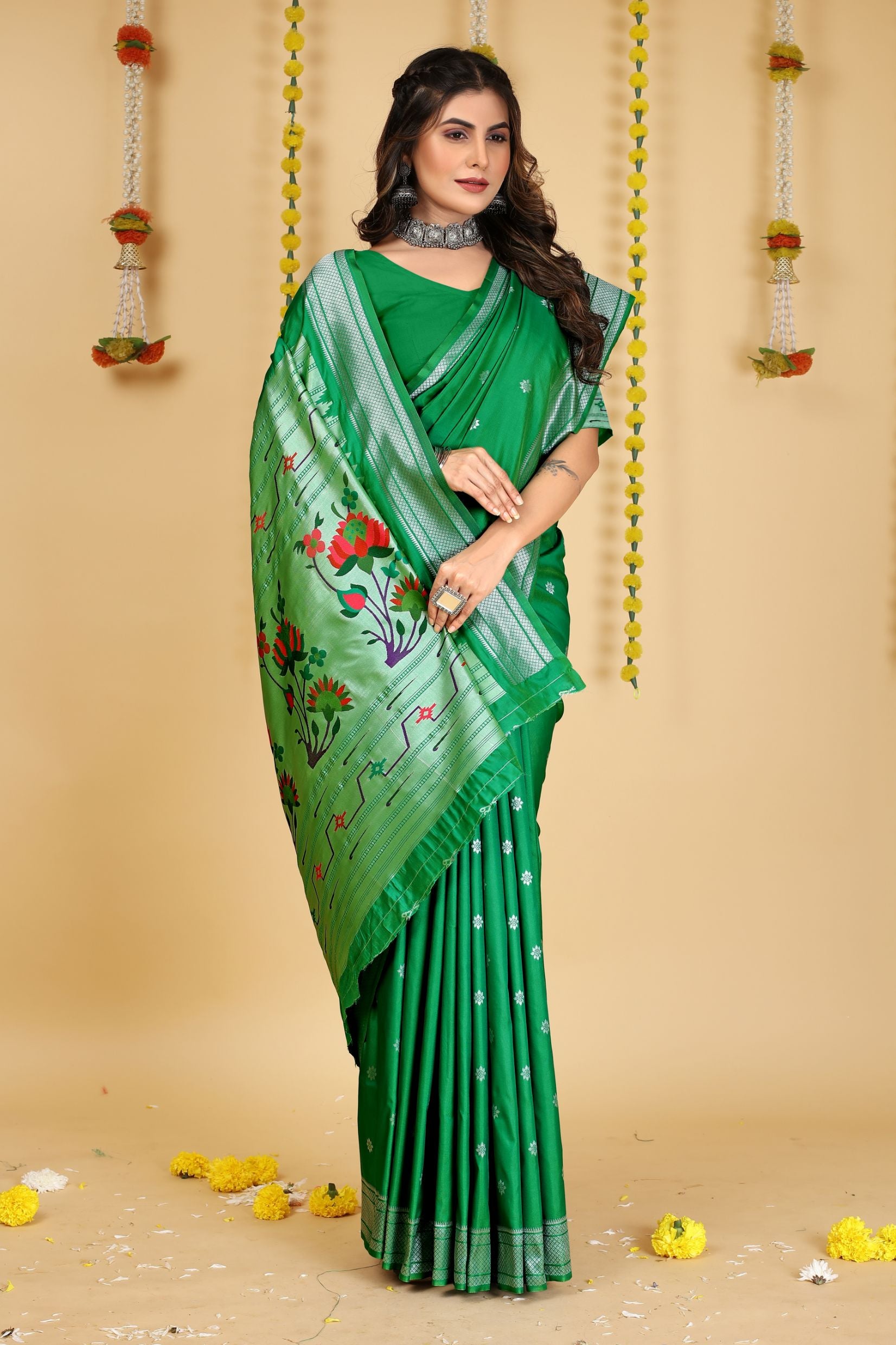 Green Color Embellished Paithani Silk Sarees