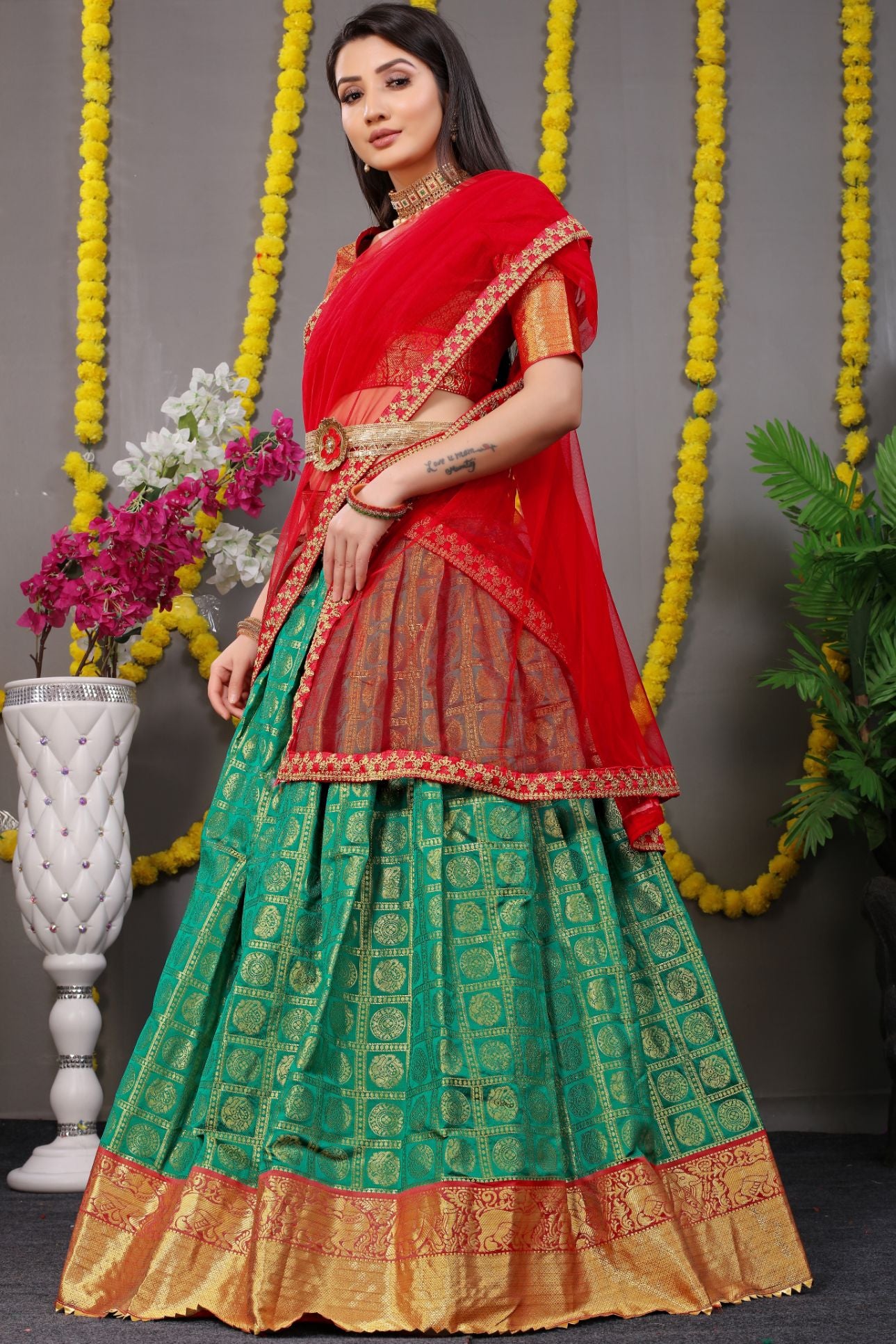 Green Color Pure silk zari weaving Lahengha Choli in South Indian Style