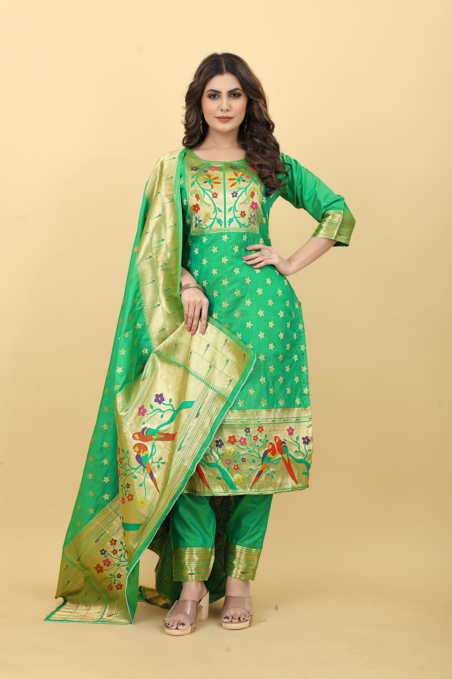 Paithani Silk With Zari Weaving Salwar Suit ( Unstitched ) Green