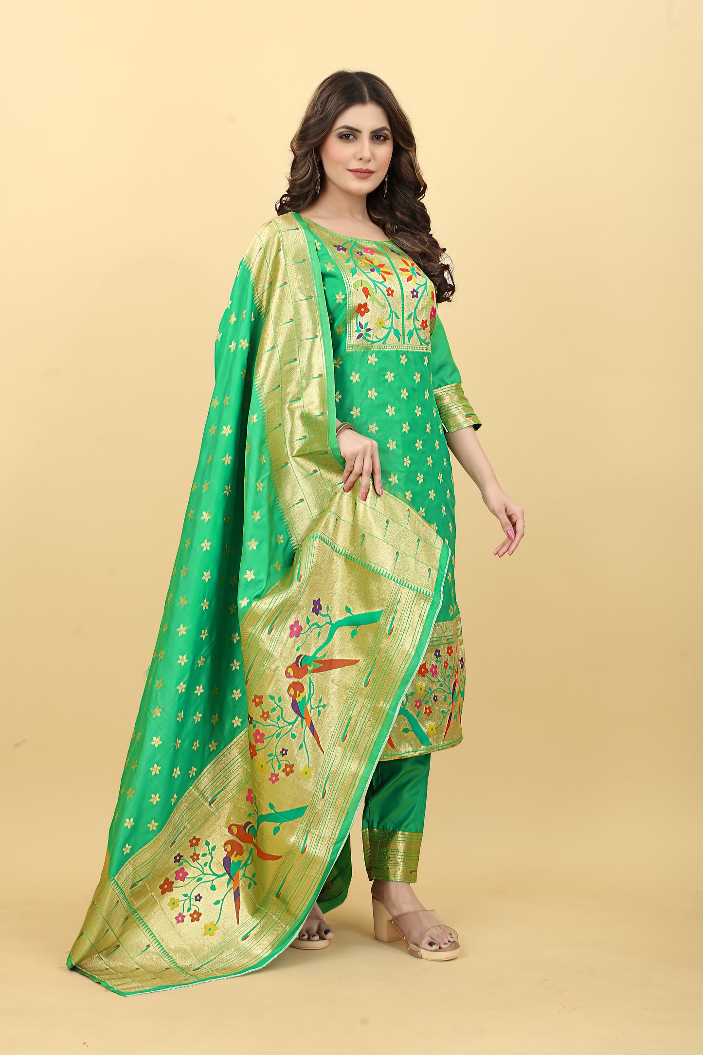 Paithani Silk With Zari Weaving Salwar Suit ( Unstitched ) Green
