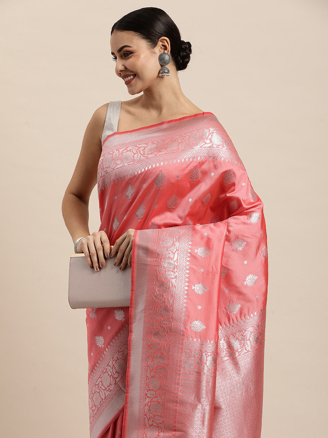 Peach And Silver Toned Silk Saree Special Wedding Edition