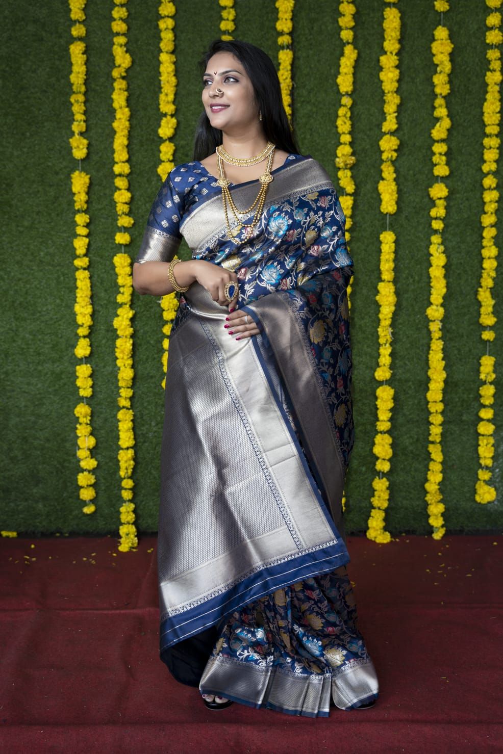 Navy blue Color Beautiful Meenakari Work Designer Banarasi Silk Saree and Blouse Pis