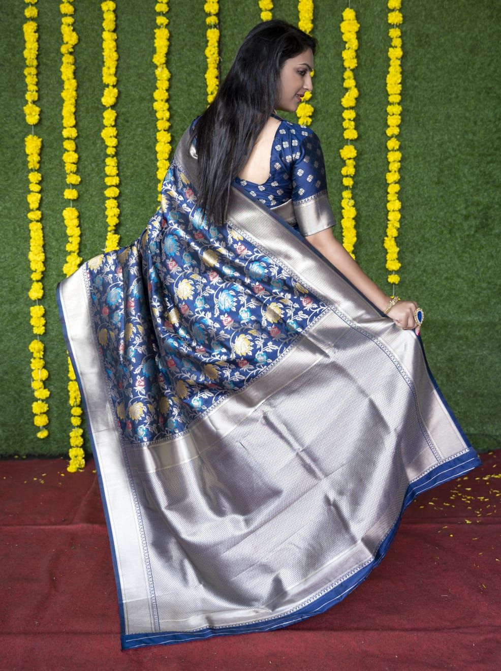 Navy blue Color Beautiful Meenakari Work Designer Banarasi Silk Saree and Blouse Pis