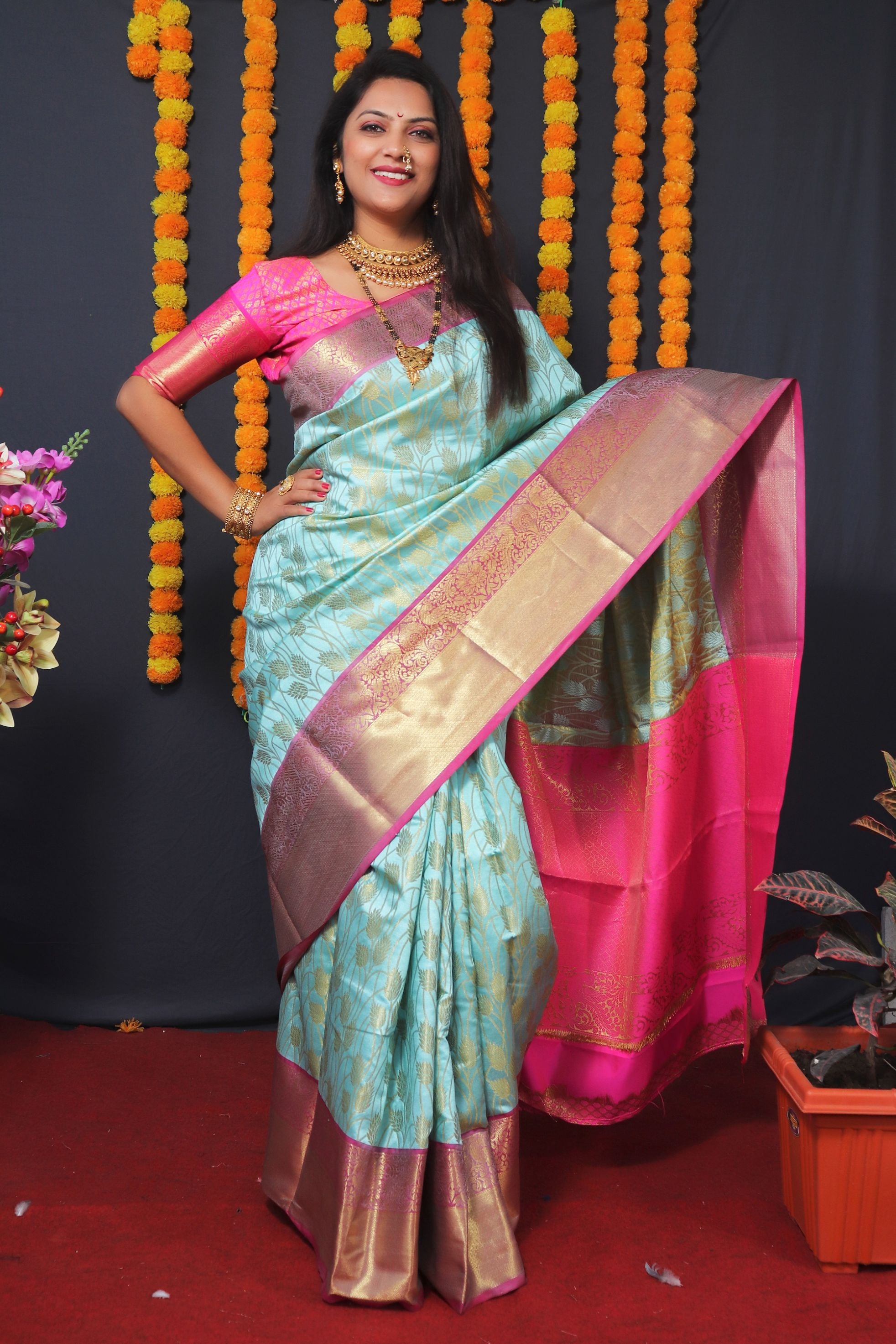 Sea green color kanchipuram south silk saree and gold zari weaving with contrast bodar and contrast blouse
