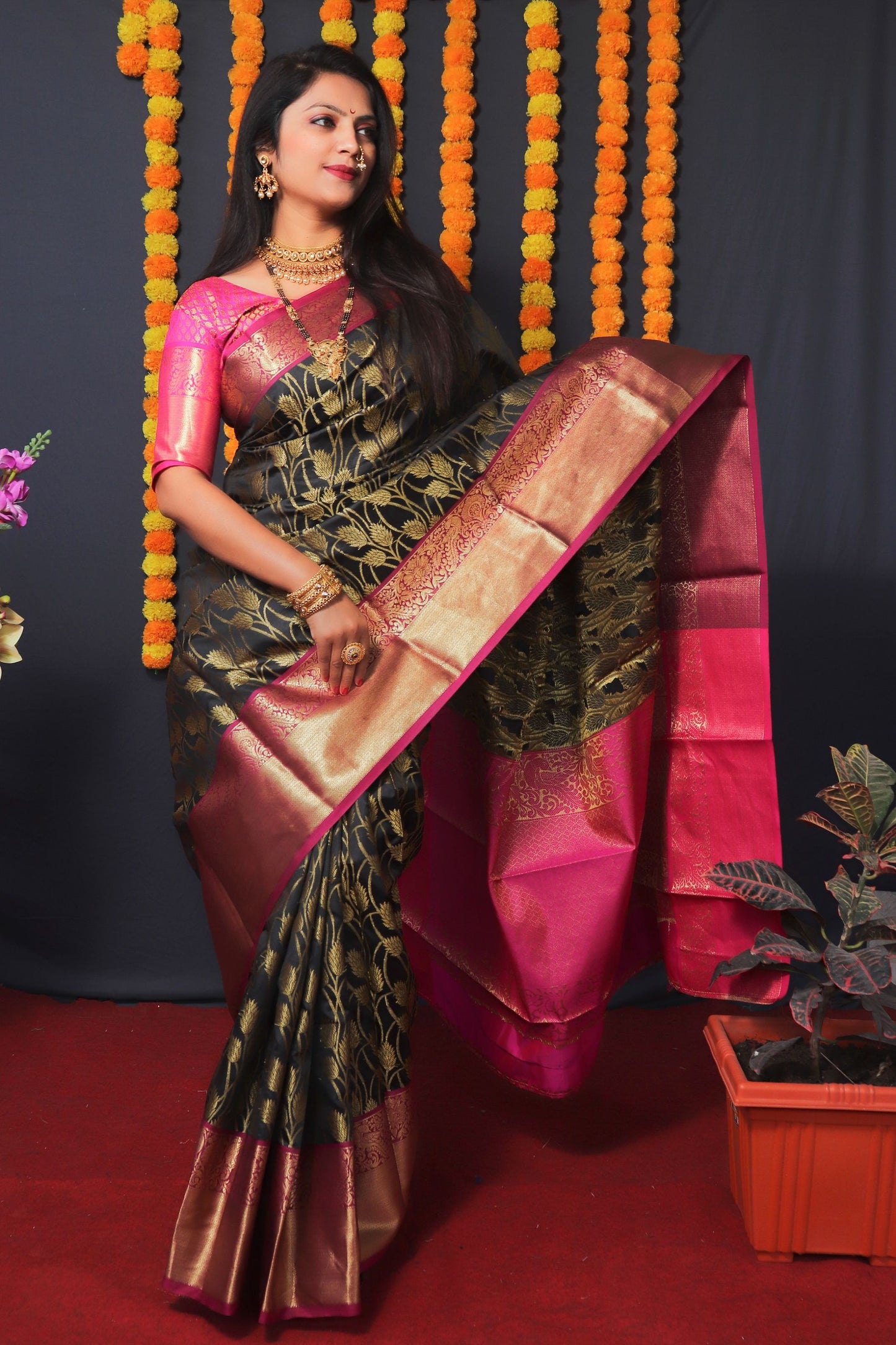 Black Color Kanchipuram South Silk Saree And Gold Zari Weaving With Contrast Bodar And Contrast Blouse