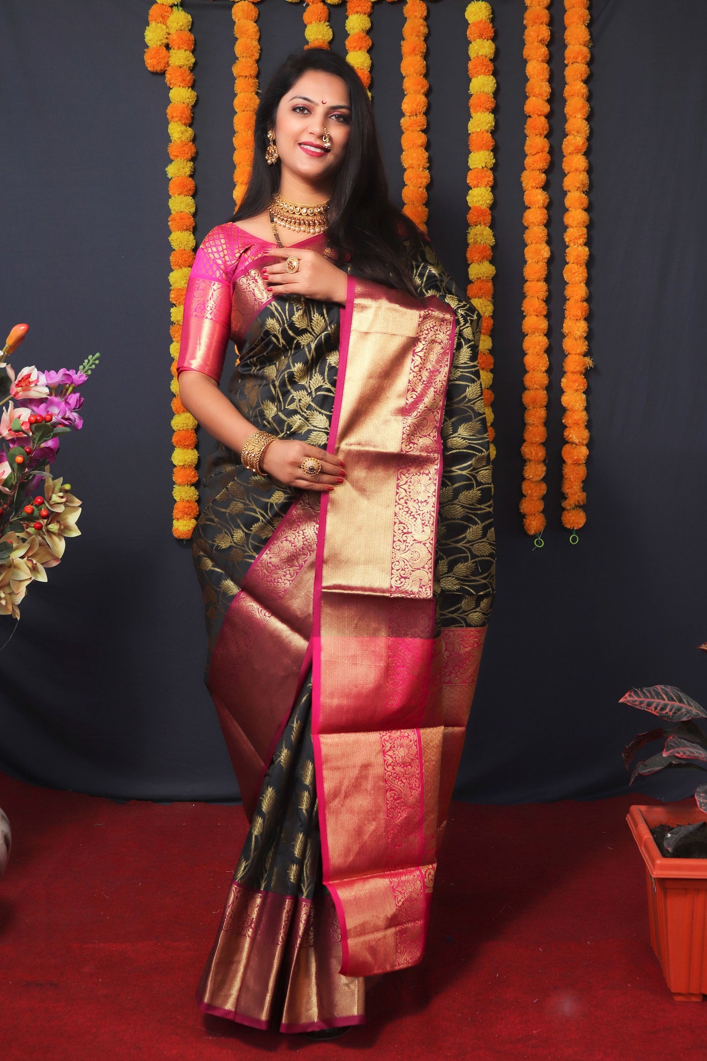 Black Color Kanchipuram South Silk Saree And Gold Zari Weaving With Contrast Bodar And Contrast Blouse