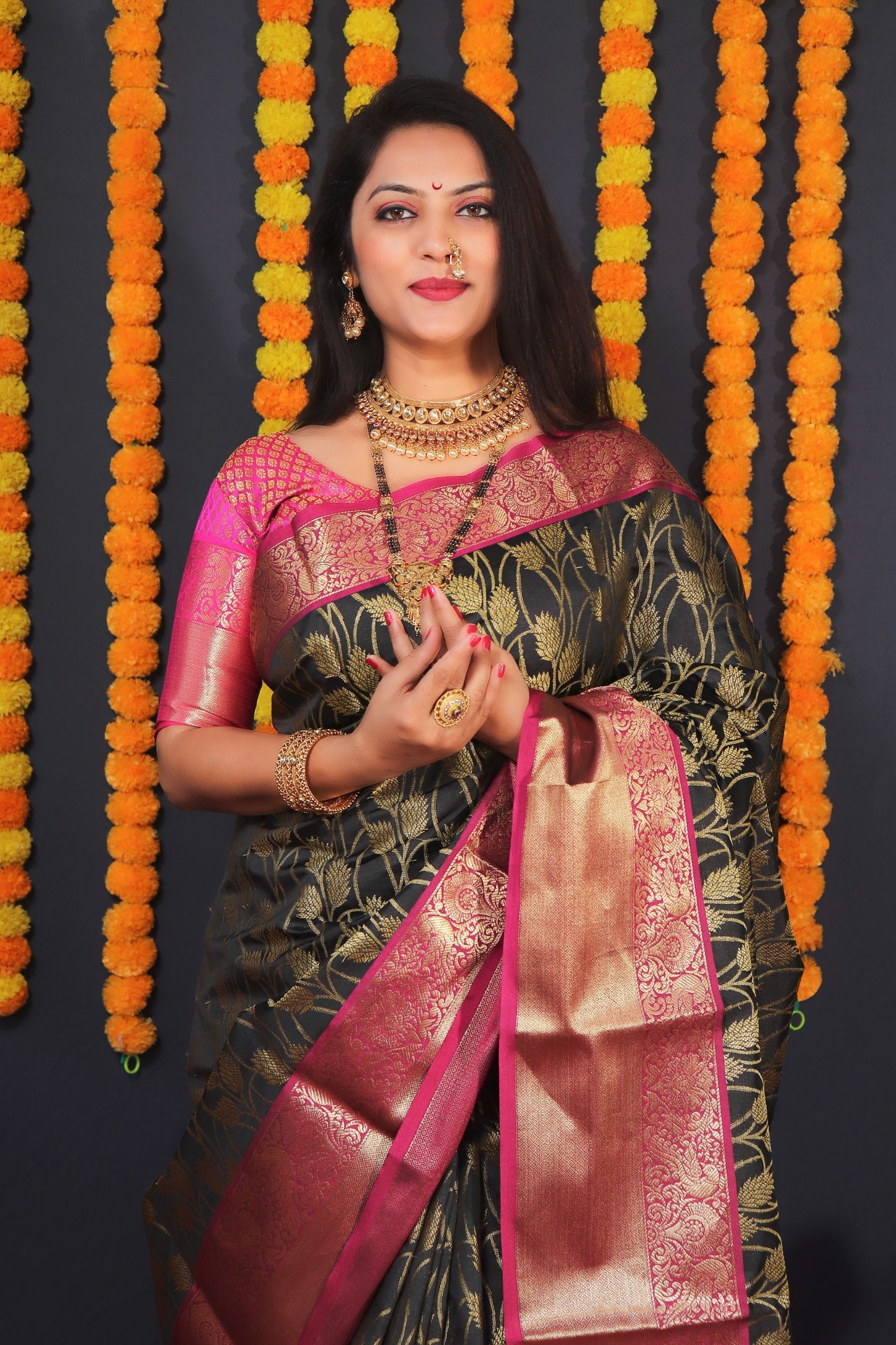 Black Color Kanchipuram South Silk Saree And Gold Zari Weaving With Contrast Bodar And Contrast Blouse