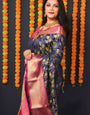 Navy blue color kanchipuram south silk saree and gold zari weaving with contrast bodar and contrast blouse