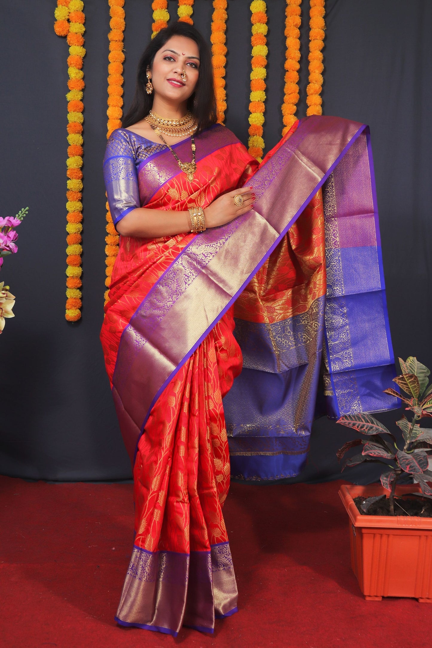 Red Color Kanchipuram South Silk Saree And Gold Zari Weaving Blouse