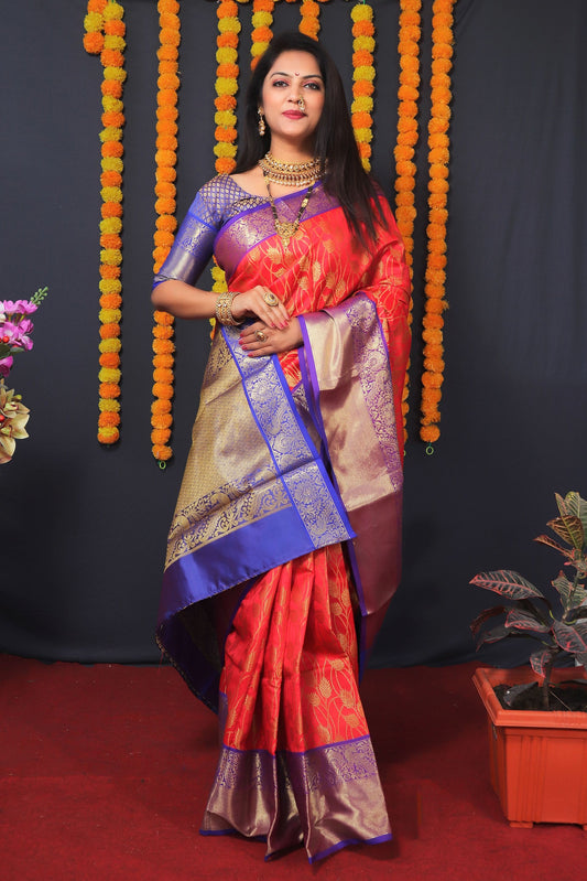 Red color kanchipuram south silk saree and gold zari weaving blouse