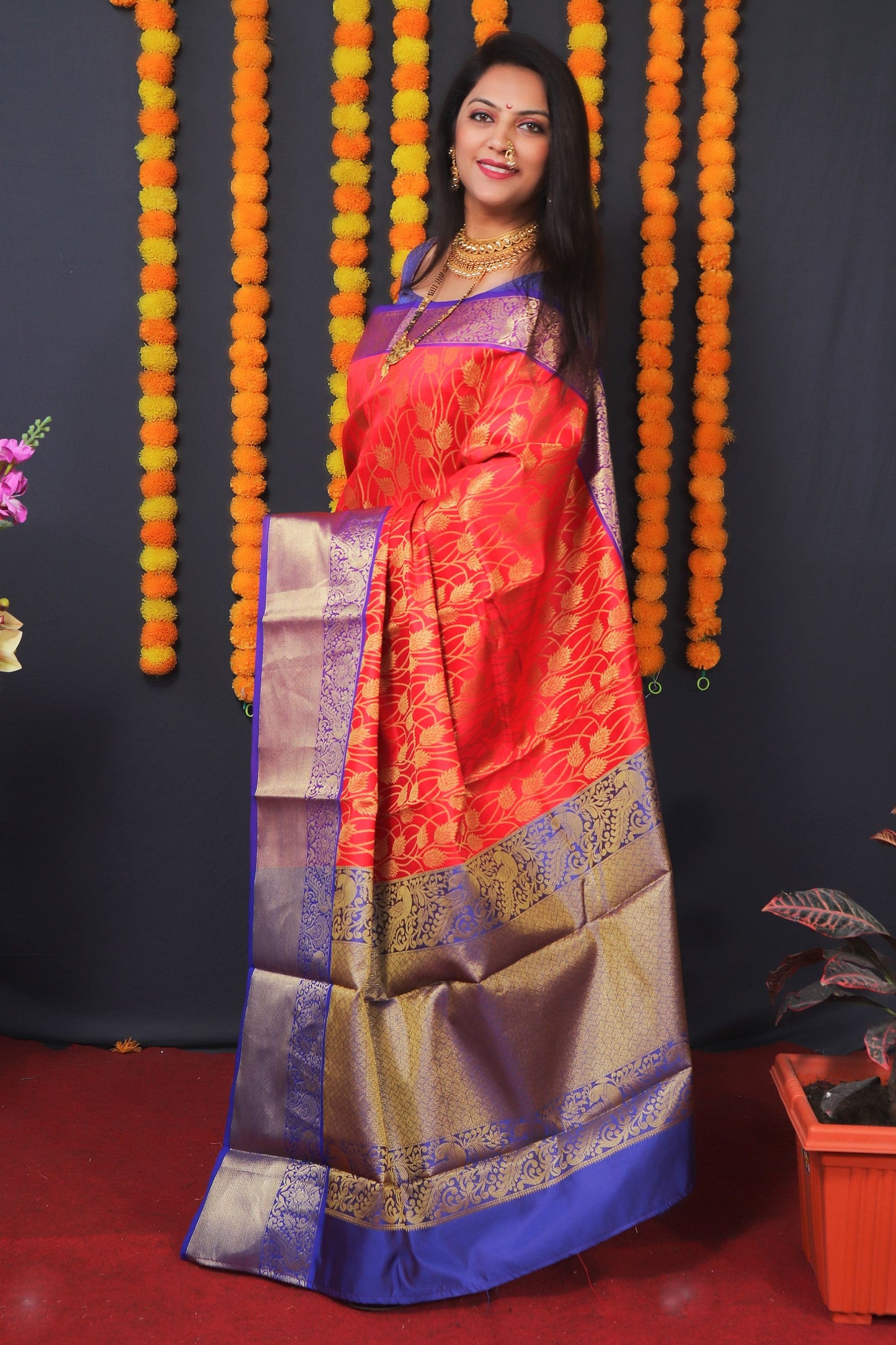 Red Color Kanchipuram South Silk Saree And Gold Zari Weaving Blouse