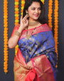 Royal blue color kanchipuram south silk saree and gold zari weaving with contrast bodar and contrast blouse
