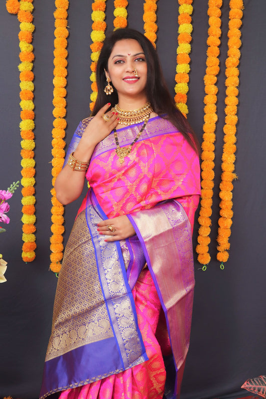 Pink Ethnic Woven Design Kanchipuram Saree With Blue Boder